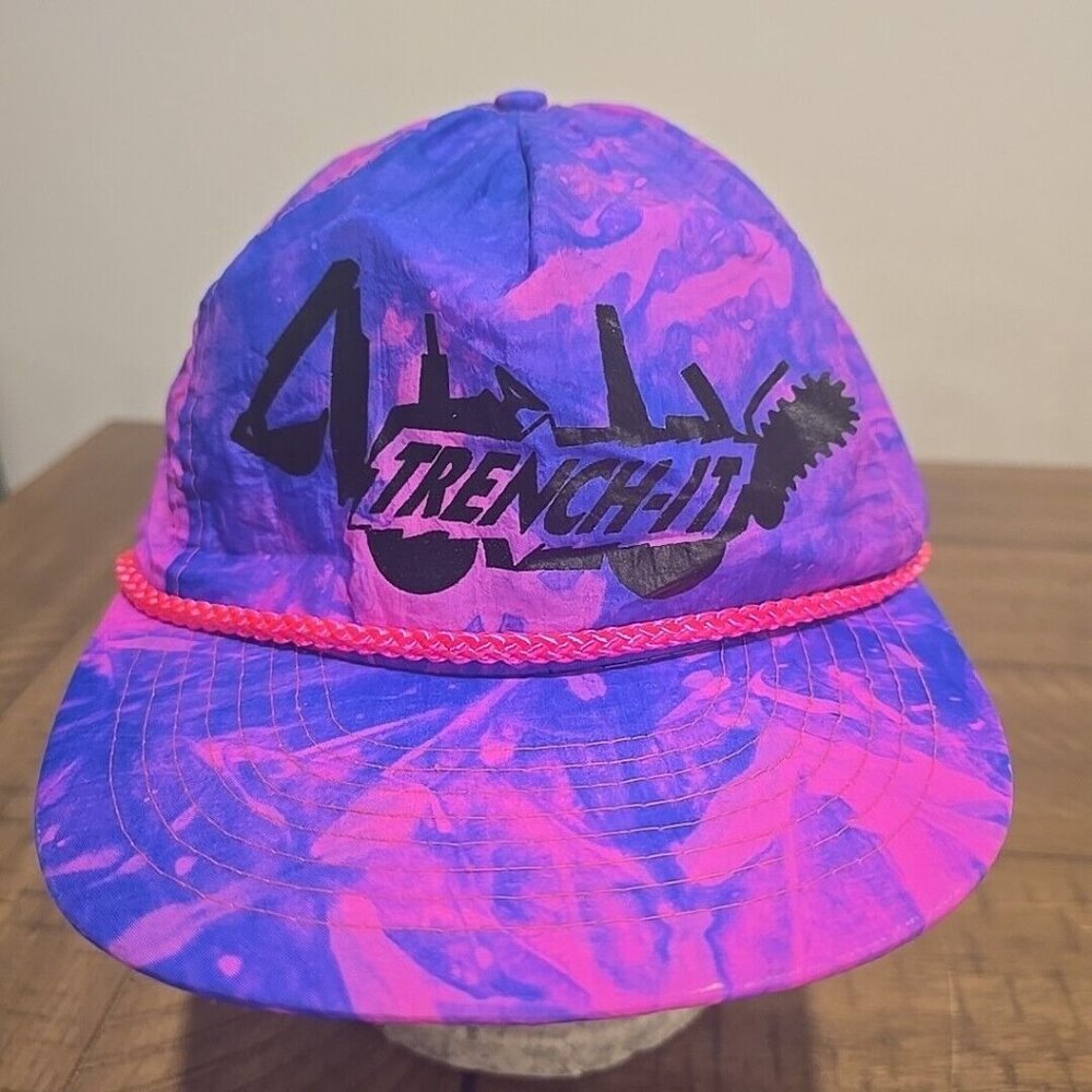 Vintage Hat Cap Trench It Construction Pink Purple tie dye light weight Rope